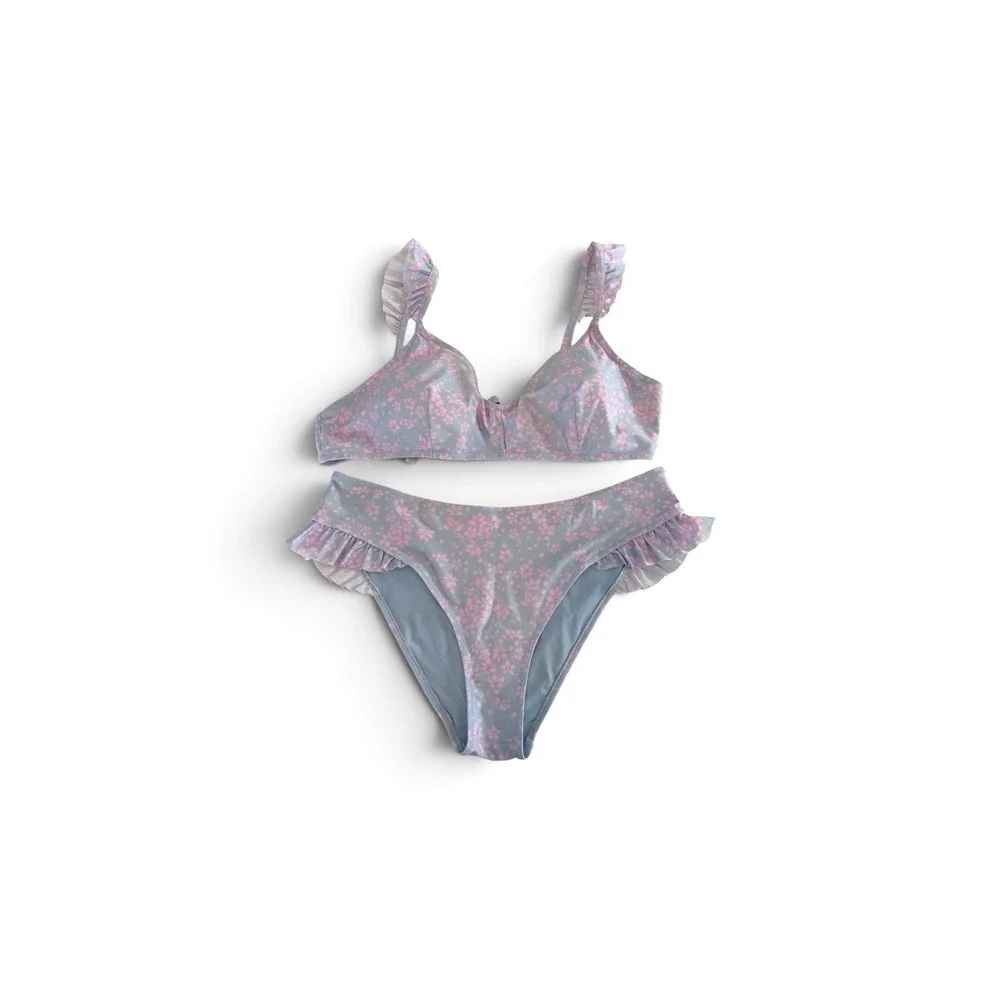 HM Pink Floral Ruffle Bikini Set Blue High Waist Two Piece Swimsuit Womens 16